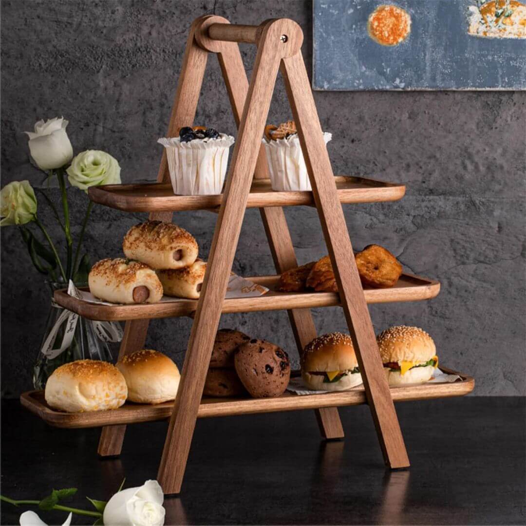 3 Tier Serving Tray - Decorative Wooden Cake Stand for Food Presentation and Event Catering