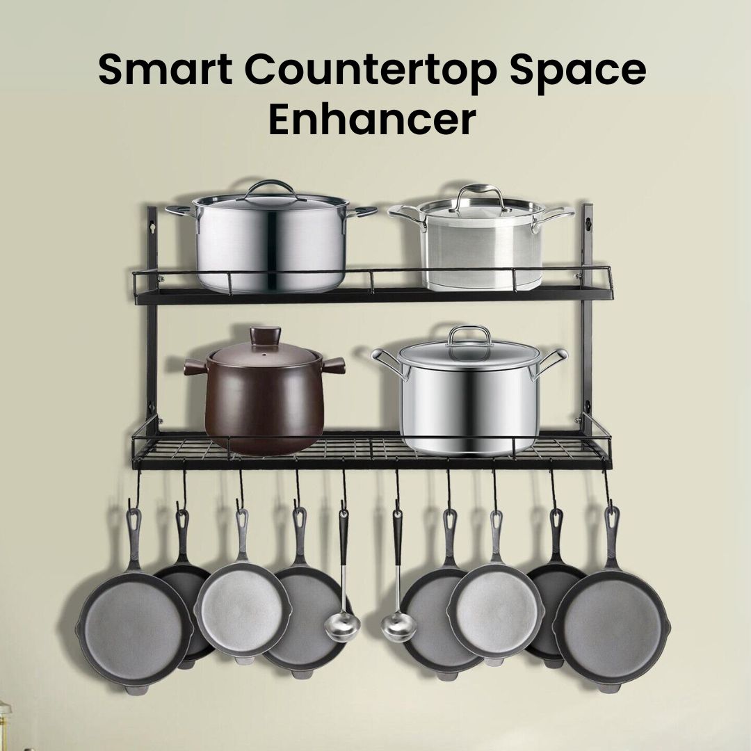 Hanging Pot and Pan Rack 2 Tier – Stainless Steel Wall-Mounted Storage Solution for Kitchen Organization