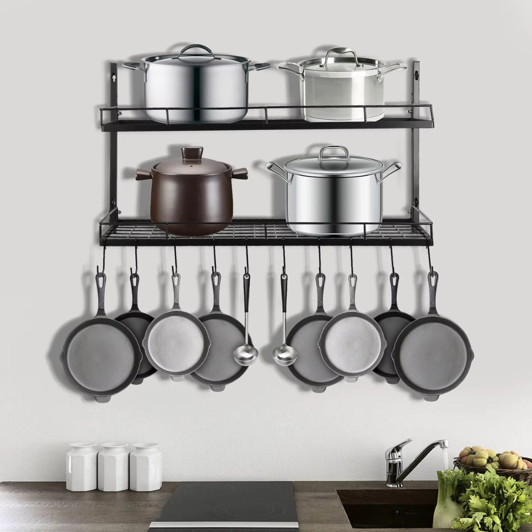 Hanging Pot and Pan Rack 2 Tier – Stainless Steel Wall-Mounted Storage Solution for Kitchen Organization