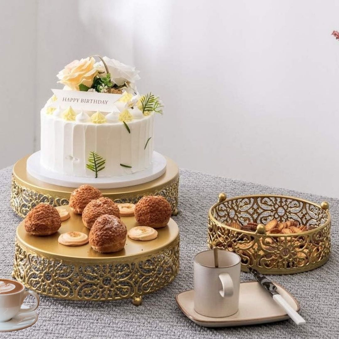 Metal Round Gold Cake Stand - Wedding Dessert Displays and Special Occasion Table Settings