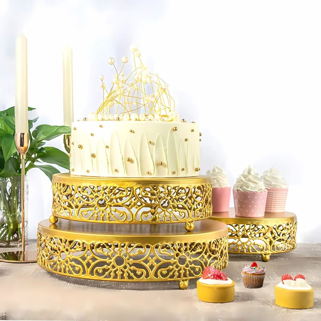 Metal Round Gold Cake Stand - Wedding Dessert Displays and Special Occasion Table Settings
