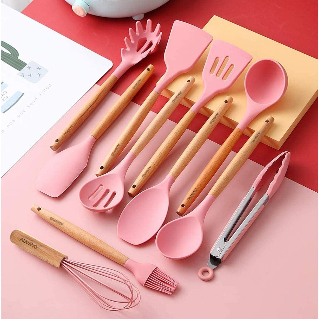 Pink Kitchen Utensils - Stylish Silicone Cooking Tools Set for Cookware