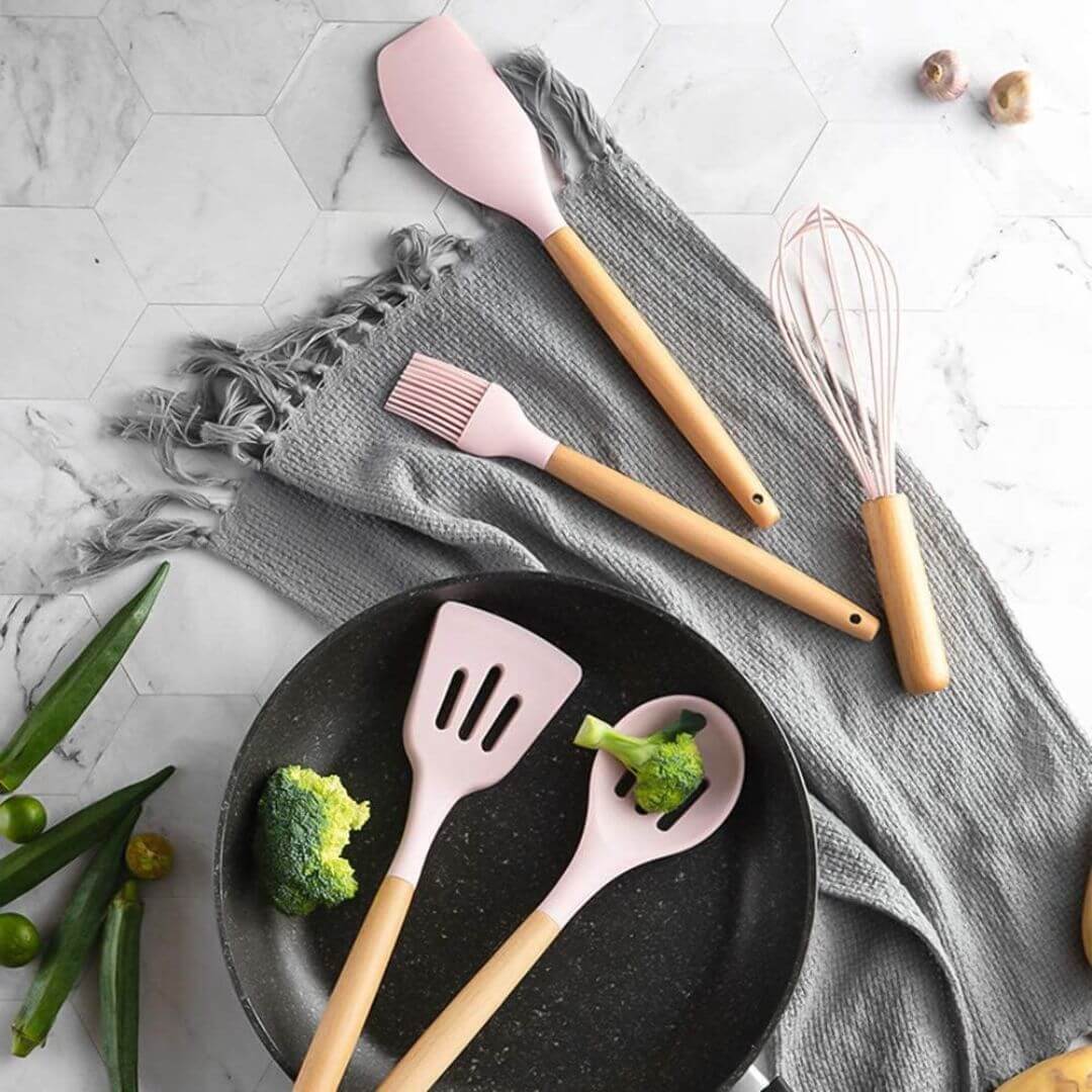 Pink Kitchen Utensils - Stylish Silicone Cooking Tools Set for Cookware