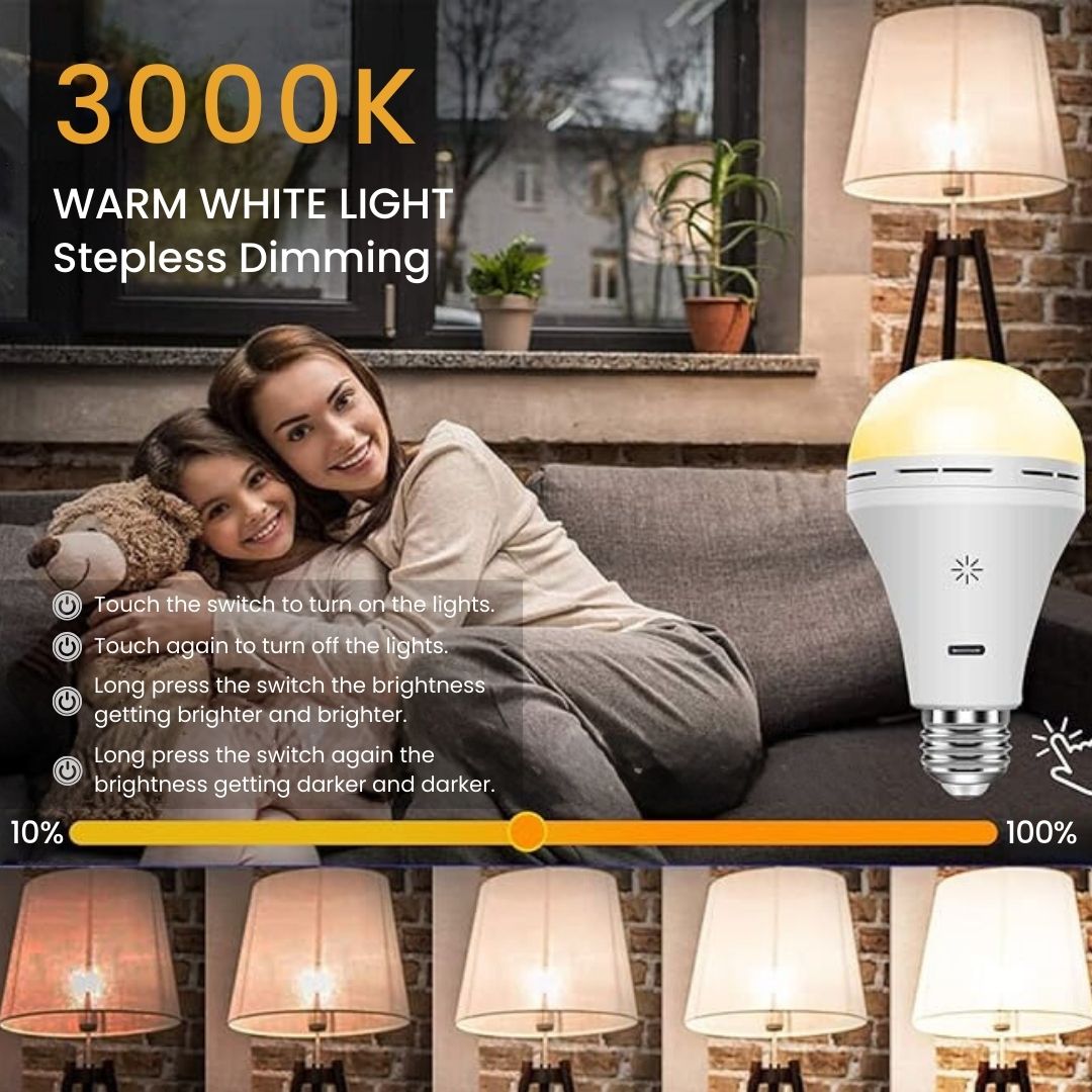 Rechargeable Light Bulb - 24 Hour Battery Life, Remote & Touch Control, USB-C Charging