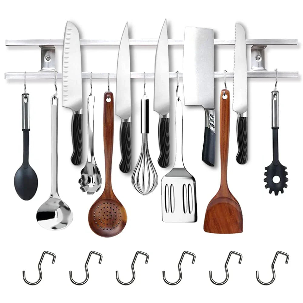 Magnetic Knife Holder - Best 18” Stainless Steel Wall Storage with 6 Hooks for Organized Kitchen