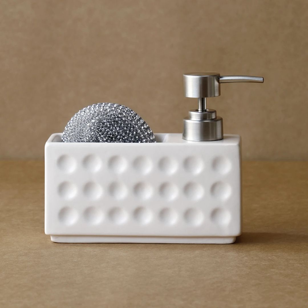 Sink Soap Dispenser - 350ml Ceramic Soap and Sponge Holder for Kitchen or Bathroom