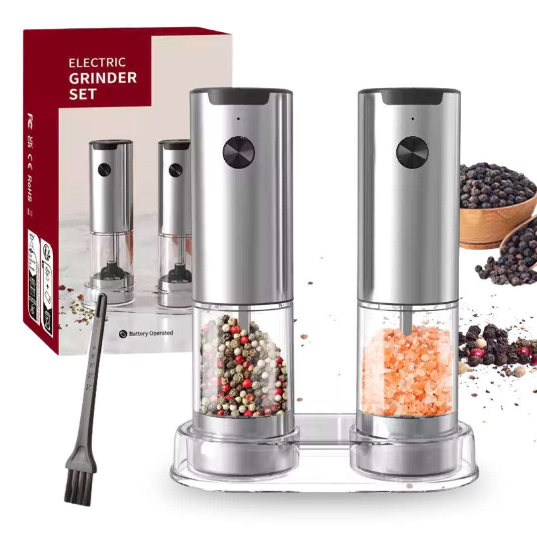 Electric Salt and Pepper Shakers | Stainless Steel with Adjustable Grind and LED Light