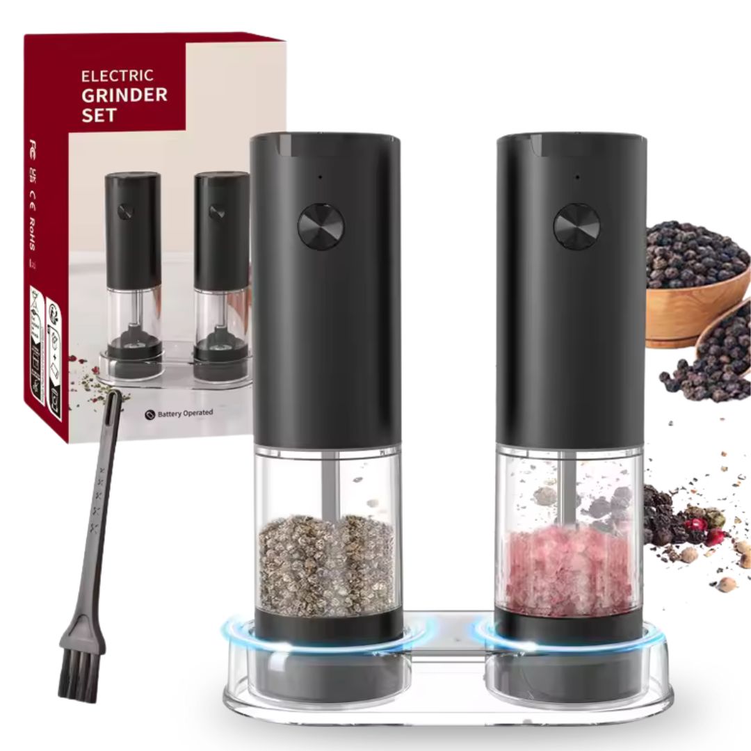 Electric Salt and Pepper Shakers | Stainless Steel with Adjustable Grind and LED Light