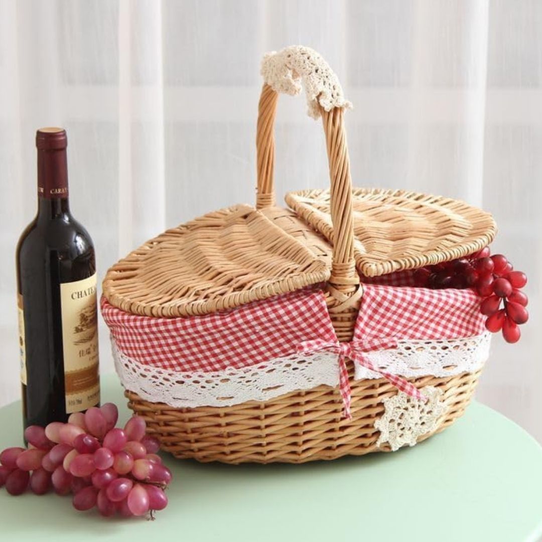 Wicker Basket With Handle - Hand Woven Natural Wicker Storage Basket for Home Decor and Kitchen Organization