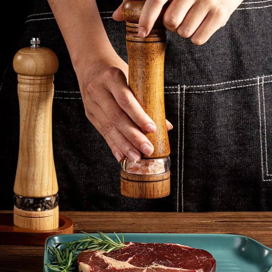 Wooden Salt and Pepper Shakers - Solid Wood Spice Mills with Adjustable Ceramic Grinder for Black Pepper and Sea Salt