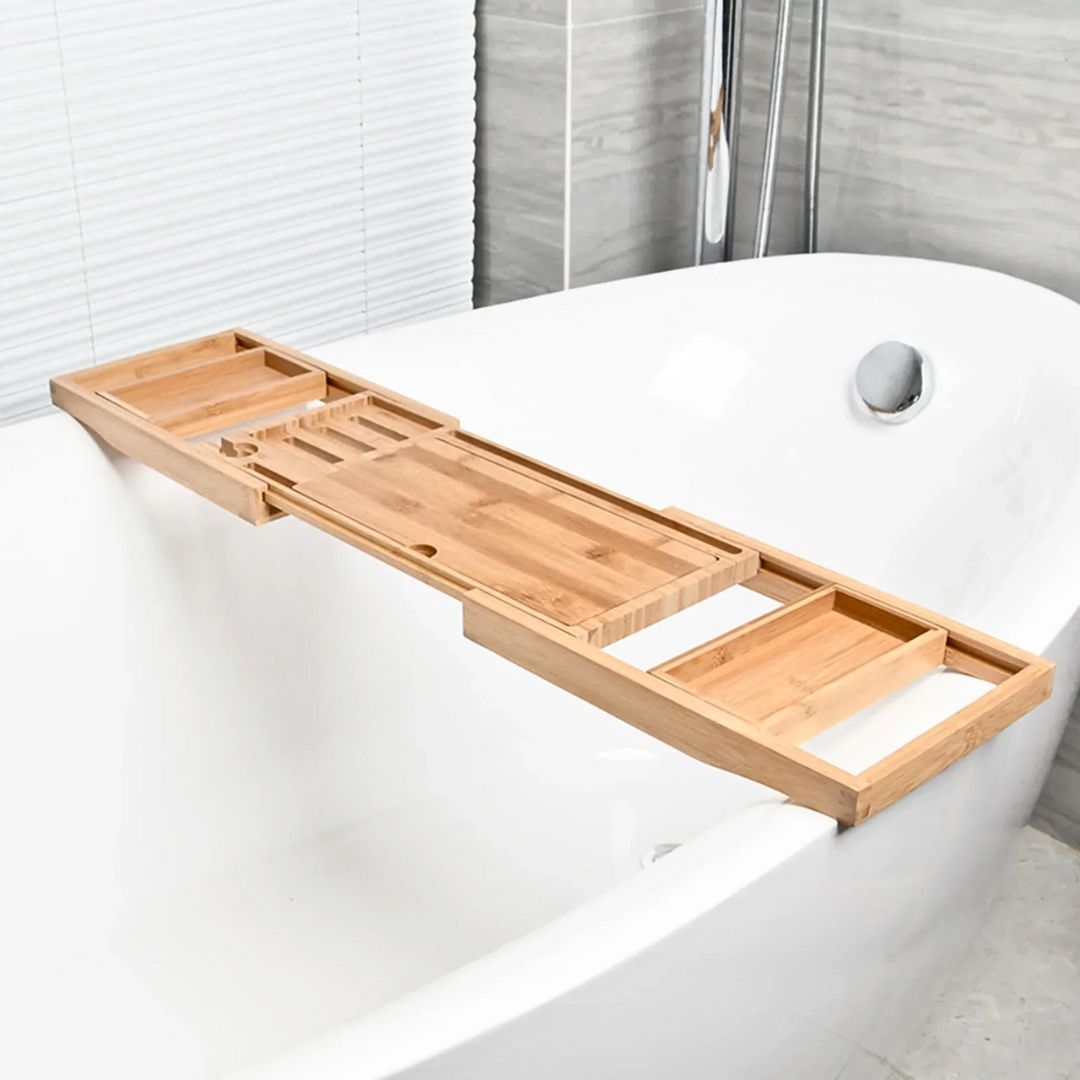 Bathtub Caddy Tray - Portable Bathroom Rack with Book & Wine Holder