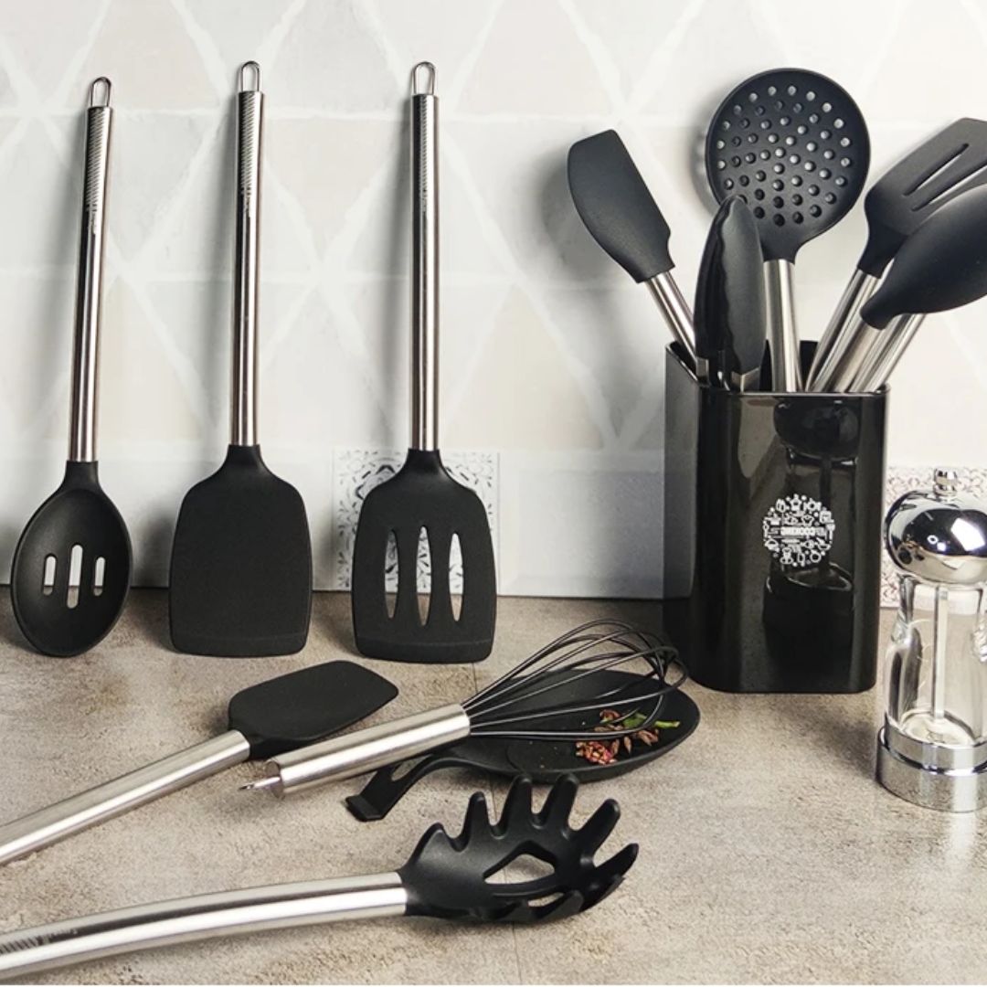 Black Silicone Kitchen Utensils - Modern & Durable Food Grade Cooking Tools