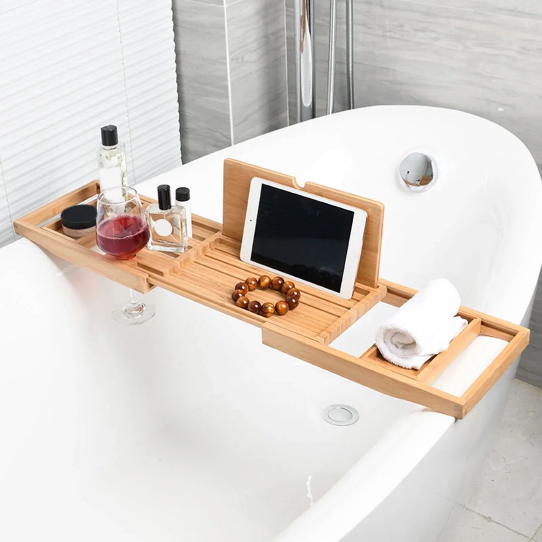 Bathtub Caddy Tray - Portable Bathroom Rack with Book & Wine Holder