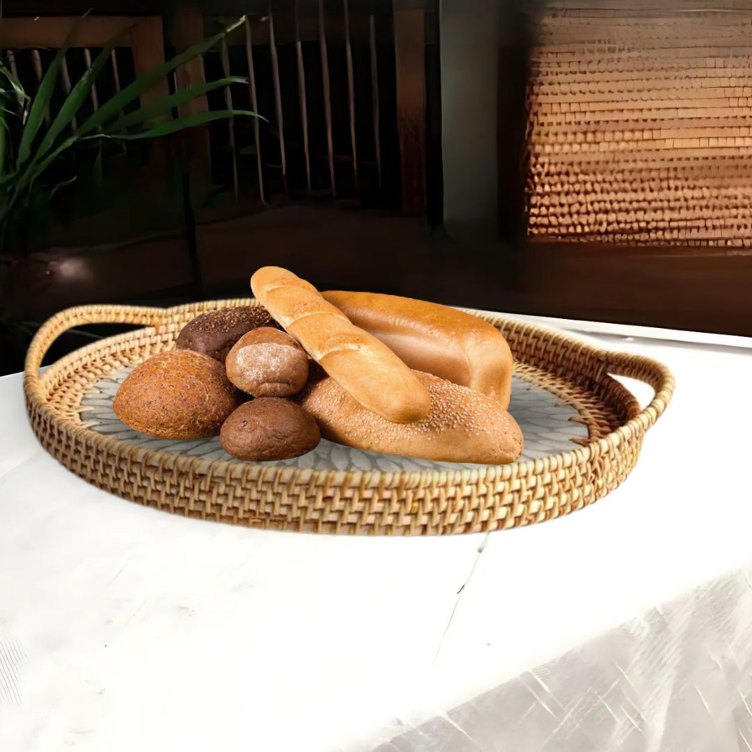 Round Rattan Tray – Durable Handwoven Basket for Serving Snacks, Organizing Tableware and Storing Food