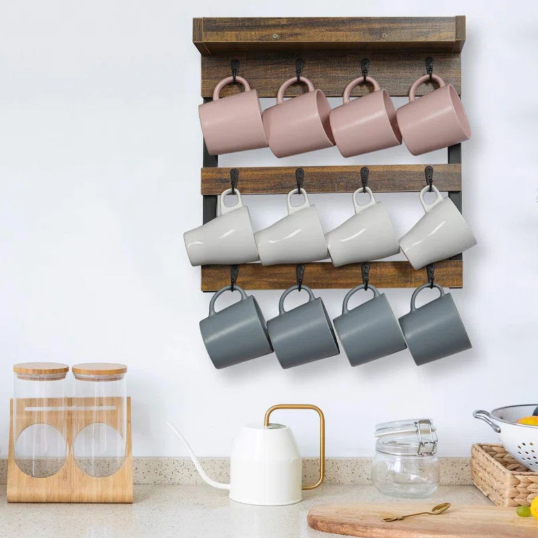 Coffee Mug Shelf - Stylish Rustic Cup Holder Rack with 12 Hooks and Wall-Mounted Wood Design