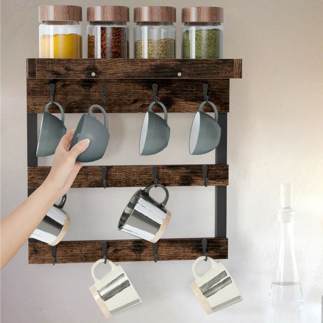 Coffee Mug Shelf - Stylish Rustic Cup Holder Rack with 12 Hooks and Wall-Mounted Wood Design