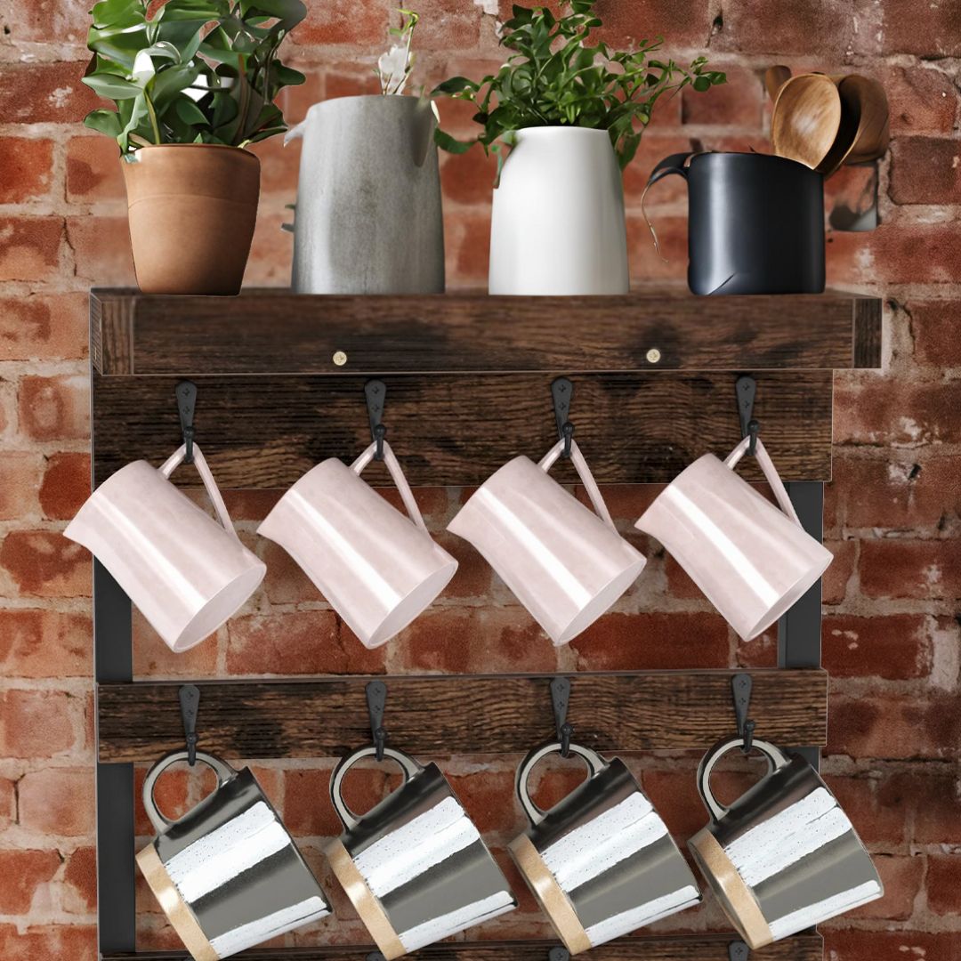 Coffee Mug Shelf - Stylish Rustic Cup Holder Rack with 12 Hooks and Wall-Mounted Wood Design