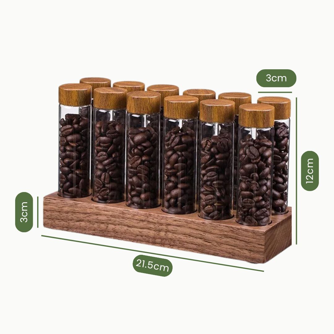 Coffee Storage Container- Stylish Coffee Beans Storage with Glass Tubes and Modern Wooden Display