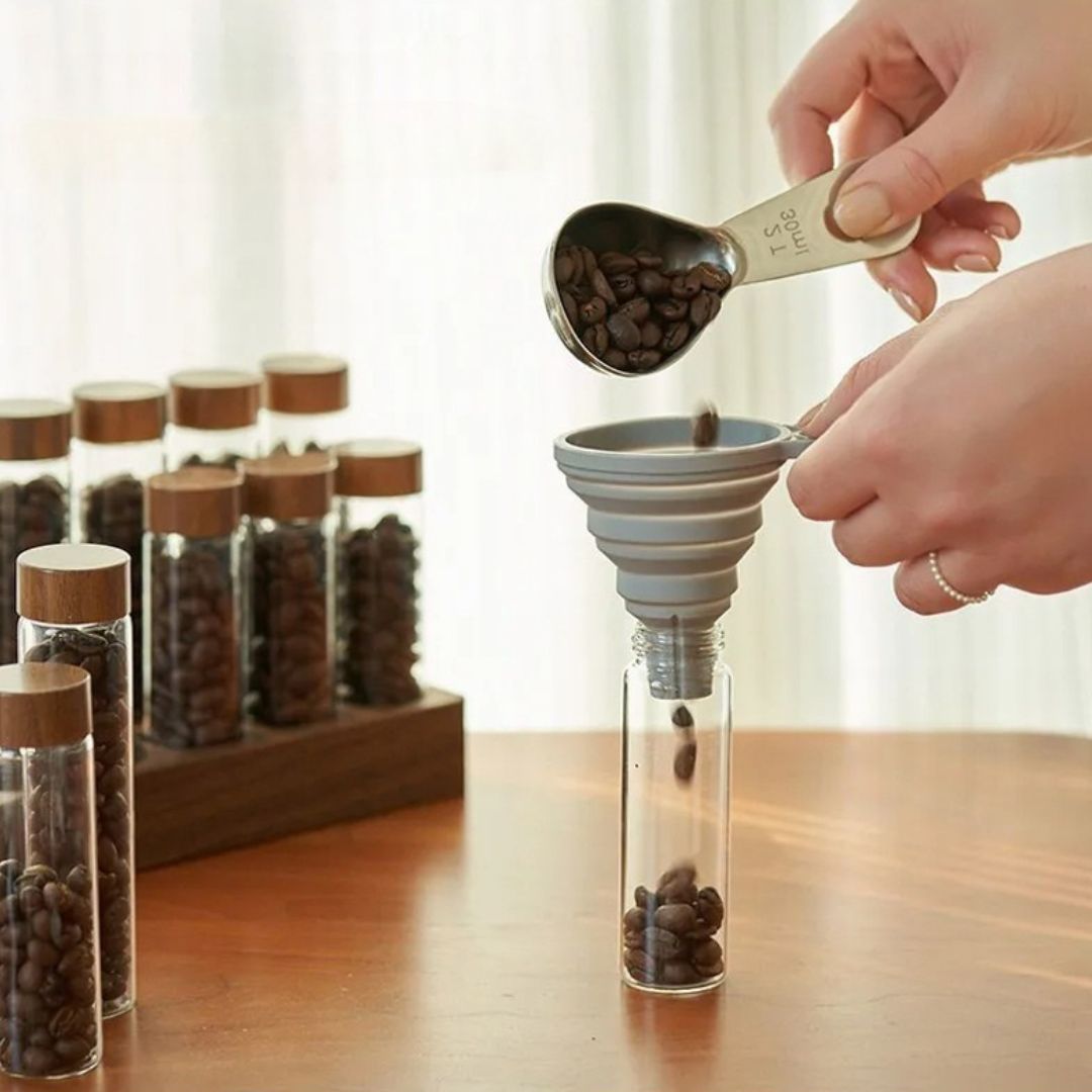 Coffee Storage Container- Stylish Coffee Beans Storage with Glass Tubes and Modern Wooden Display