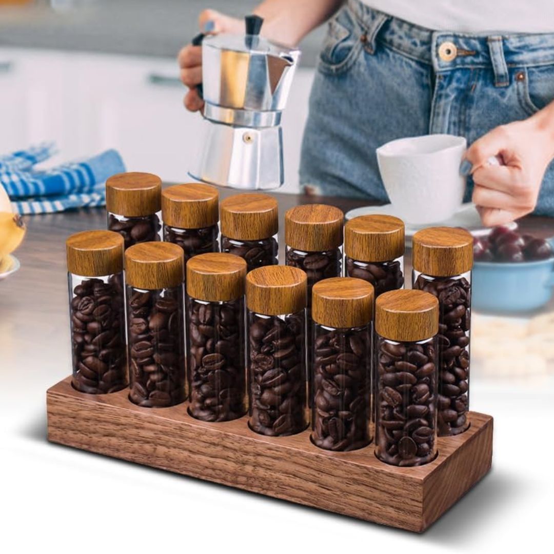 Coffee Storage Container- Stylish Coffee Beans Storage with Glass Tubes and Modern Wooden Display