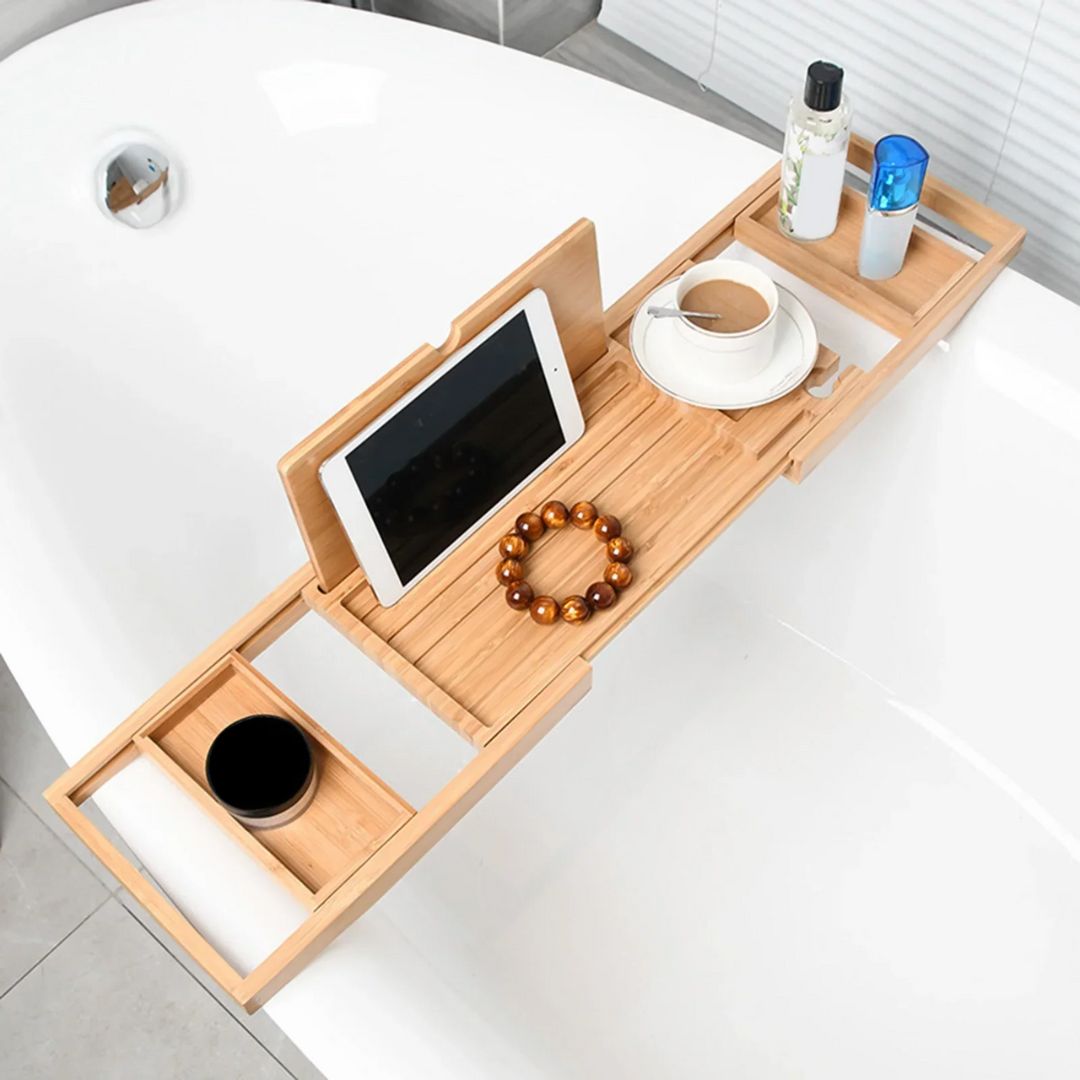 Bathtub Caddy Tray - Portable Bathroom Rack with Book & Wine Holder