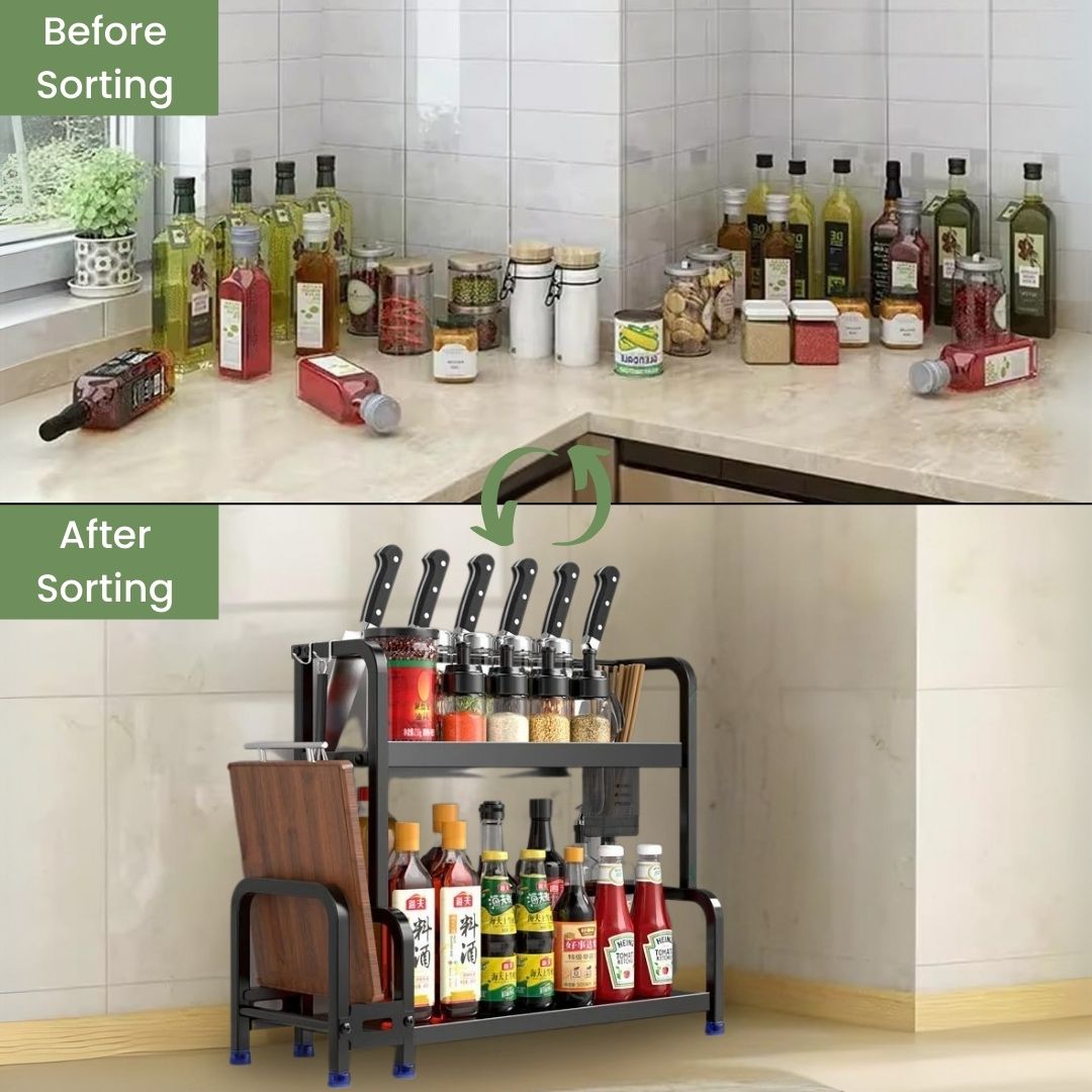 Kitchen Storage Rack – 2 Tier Countertop Stainless Steel Organizer for Dishes, and Tools, Multi-Use in Small Spaces