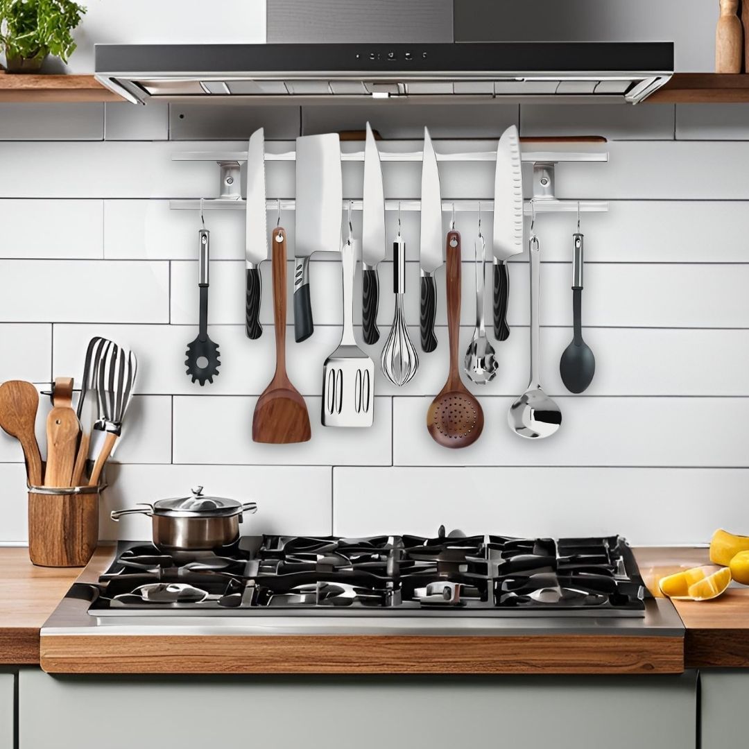 Magnetic Knife Holder - Best 18” Stainless Steel Wall Storage with 6 Hooks for Organized Kitchen