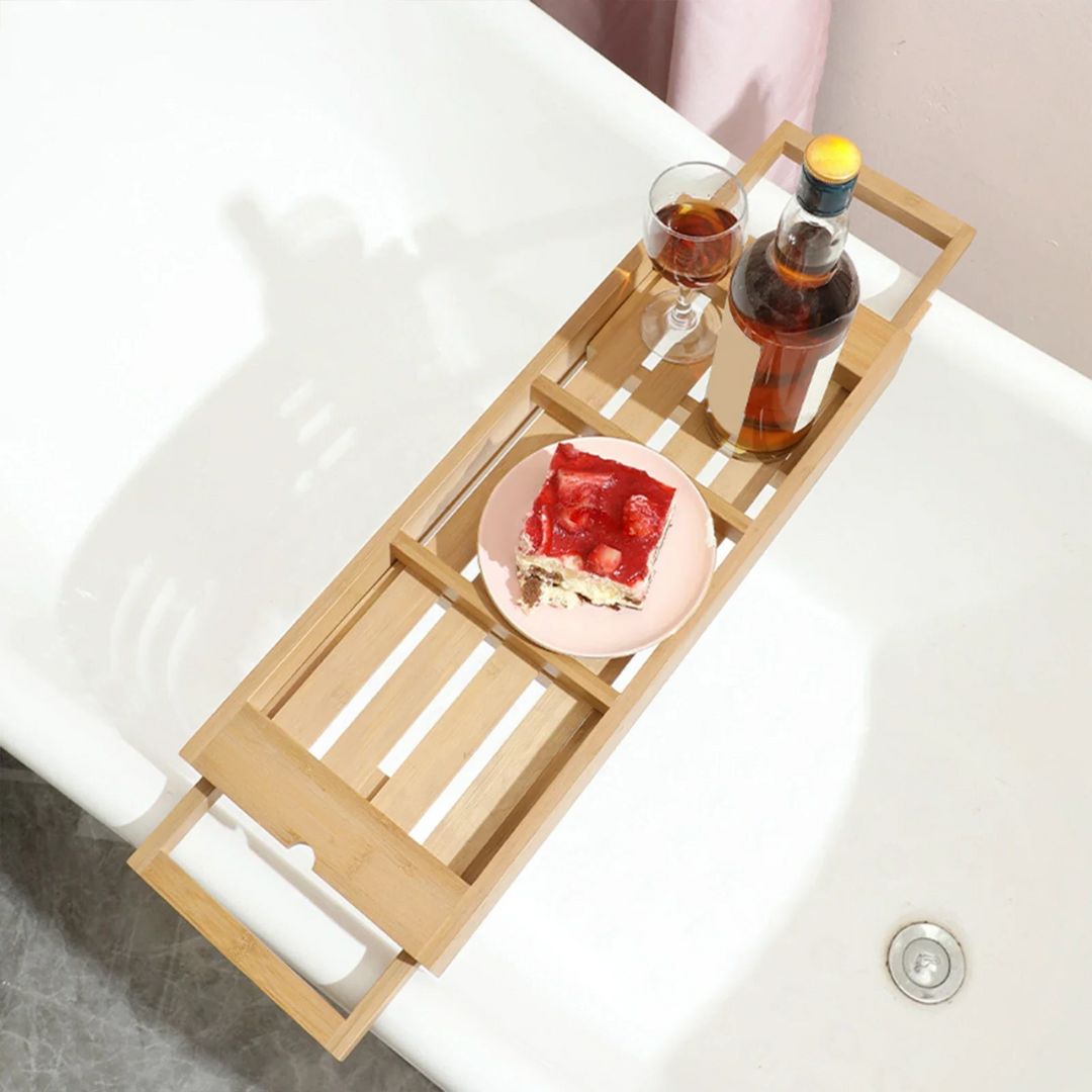 Bathtub Caddy Tray - Portable Bathroom Rack with Book & Wine Holder