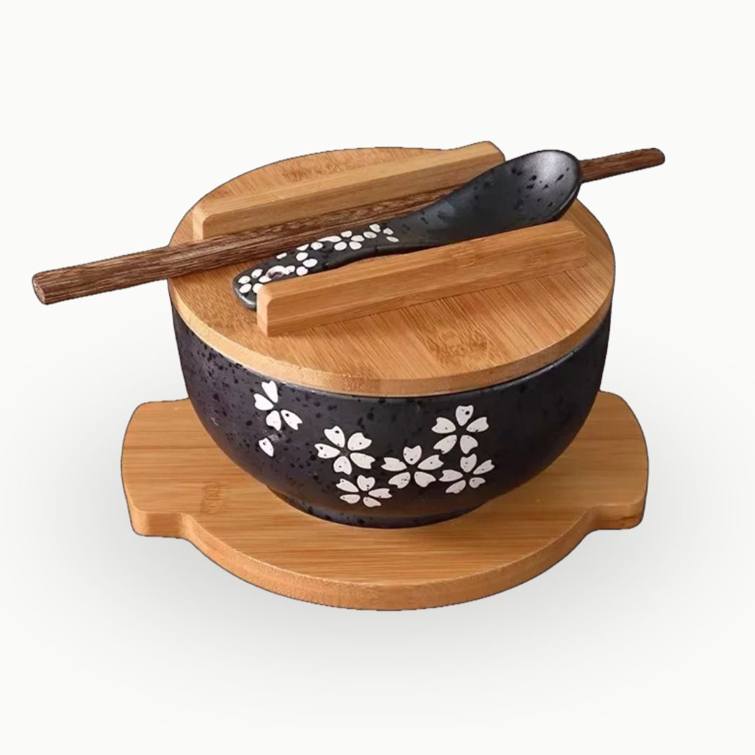 Ramen Bowl Set - Japanese Ceramic Bowl for Noodles, Soups, Rice with Chopsticks, Spoon and Lid