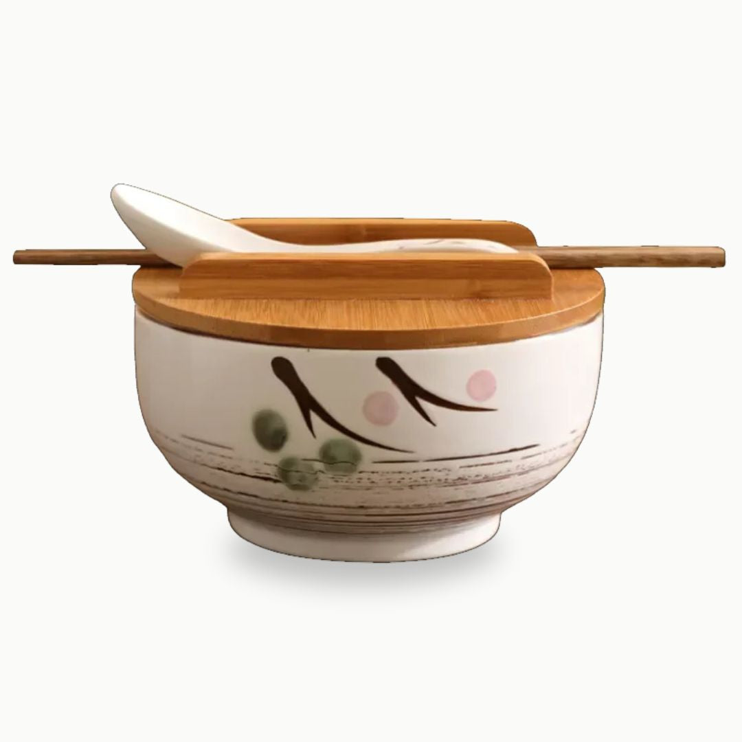 Ramen Bowl Set - Japanese Ceramic Bowl for Noodles, Soups, Rice with Chopsticks, Spoon and Lid