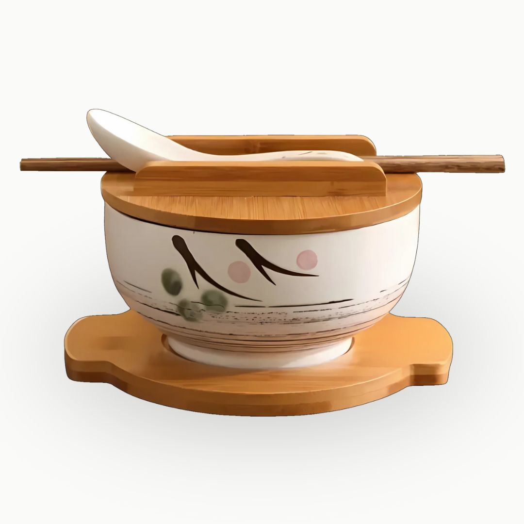 Ramen Bowl Set - Japanese Ceramic Bowl for Noodles, Soups, Rice with Chopsticks, Spoon and Lid