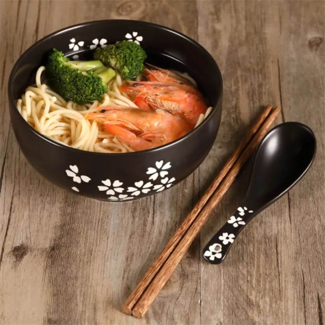 Ramen Bowl Set - Japanese Ceramic Bowl for Noodles, Soups, Rice with Chopsticks, Spoon and Lid