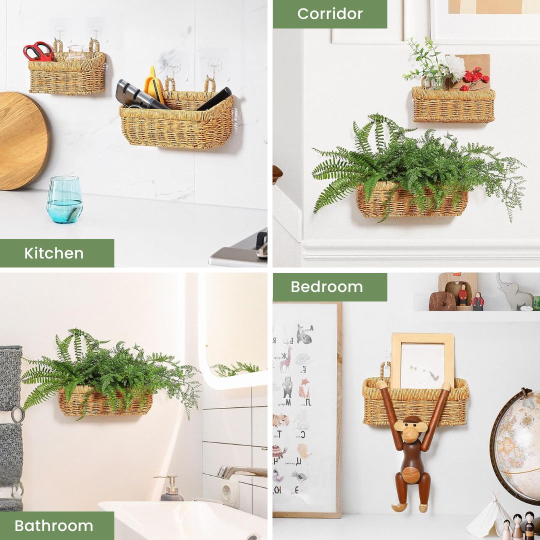 Rattan Hanging Basket - Kitchen Wall Storage Woven Holder & Wicker Planter