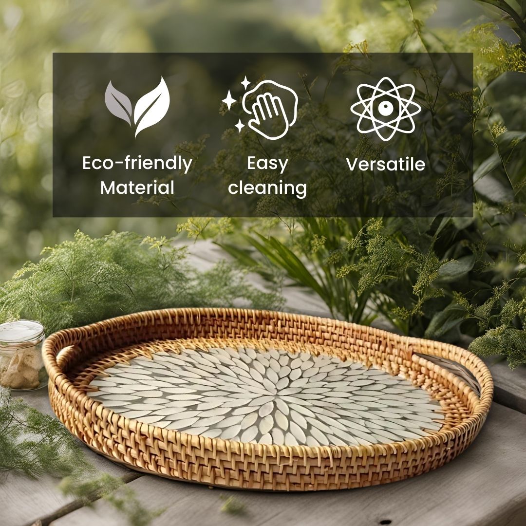 Round Rattan Tray – Durable Handwoven Basket for Serving Snacks, Organizing Tableware and Storing Food