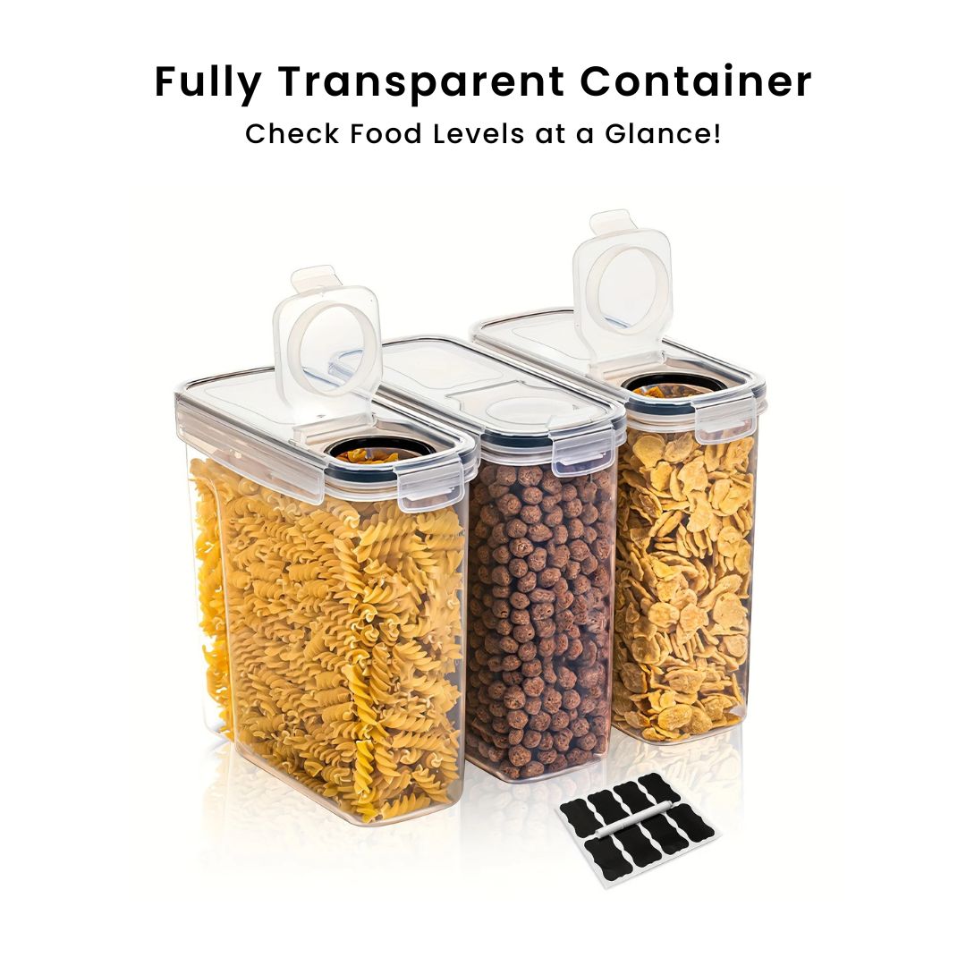 Cereal Container - 3-Piece Transparent Airtight Kitchen Storage Set for Dry Food, Bulk Goods and Pantry Organization
