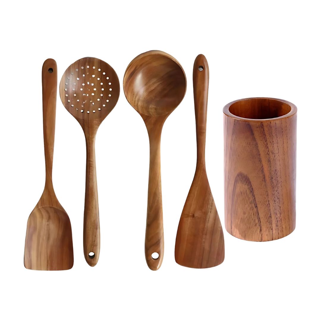 Wooden Cooking Spoon Set - Spatula with Holder for Non-Stick Cookware & Kitchen Decor