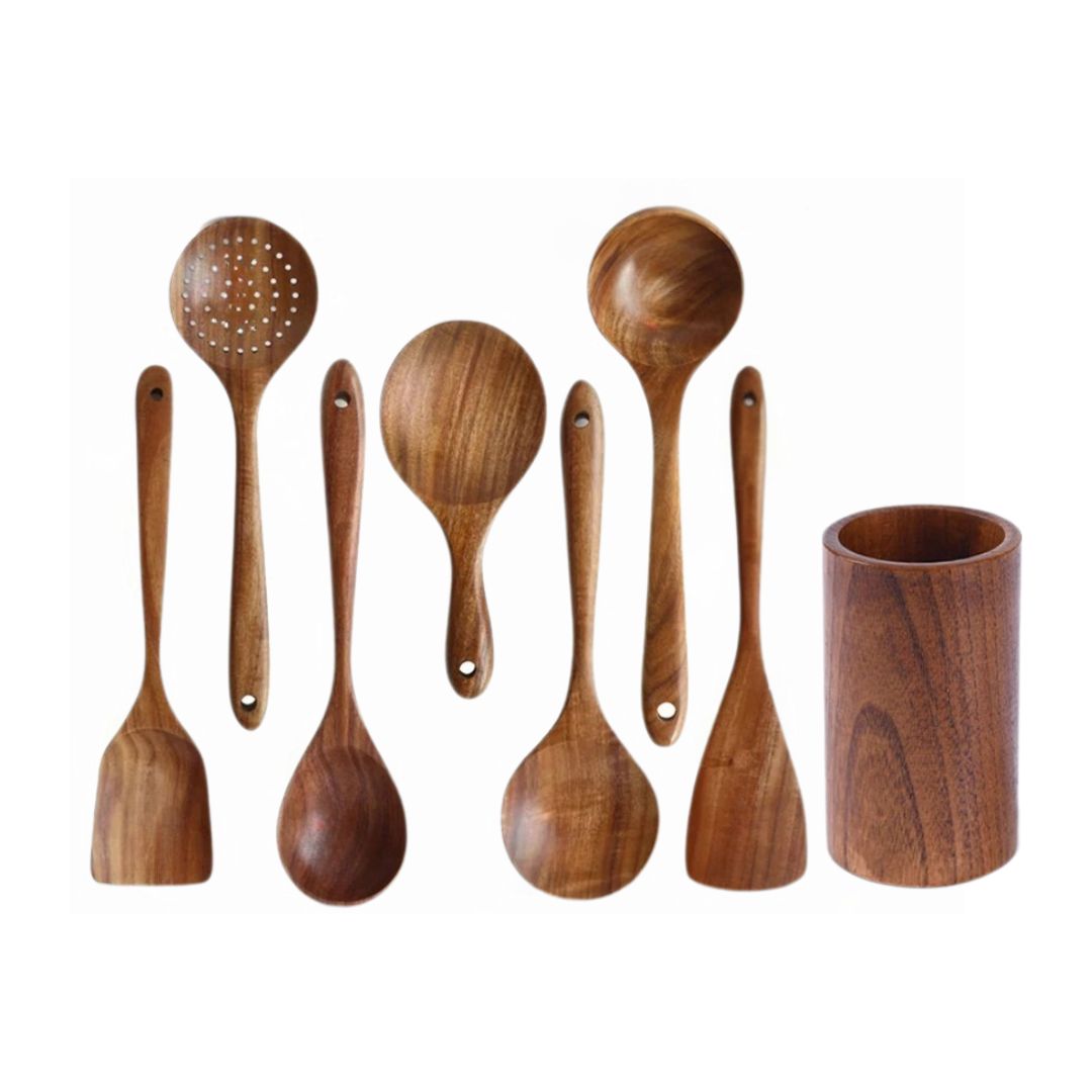 Wooden Cooking Spoon Set - Spatula with Holder for Non-Stick Cookware & Kitchen Decor