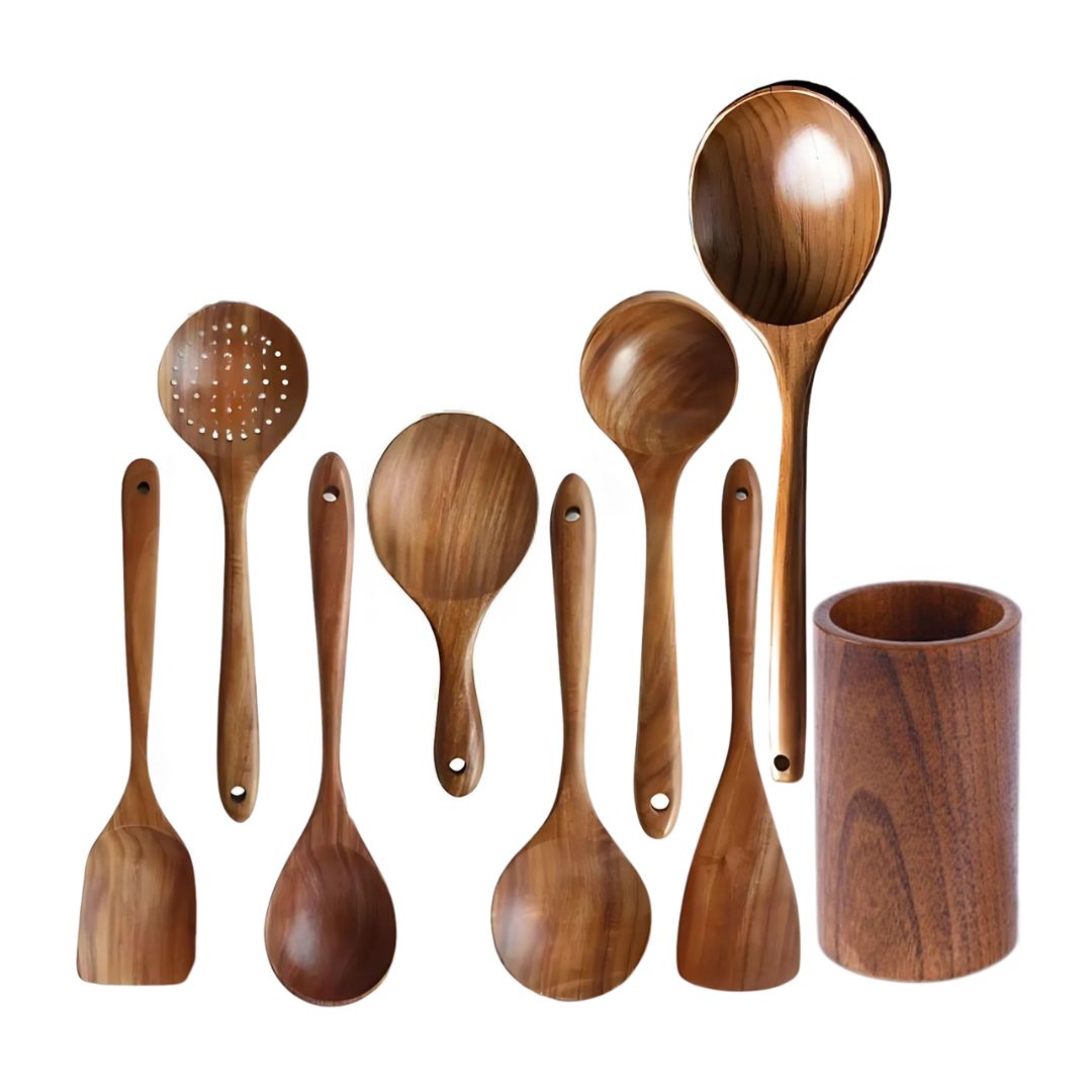 Wooden Cooking Spoon Set - Spatula with Holder for Non-Stick Cookware & Kitchen Decor