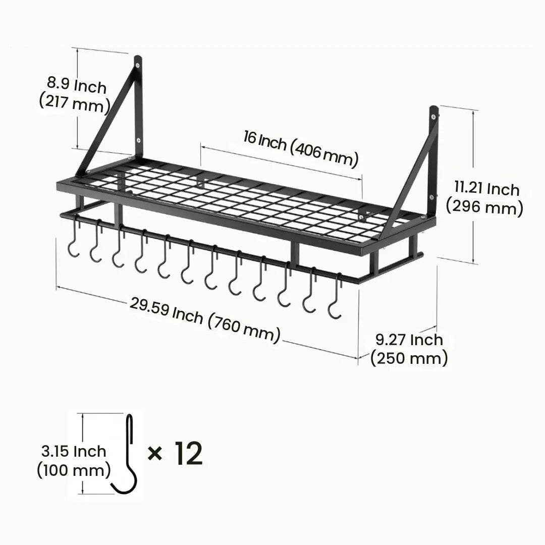 Hanging pot and pan rack size