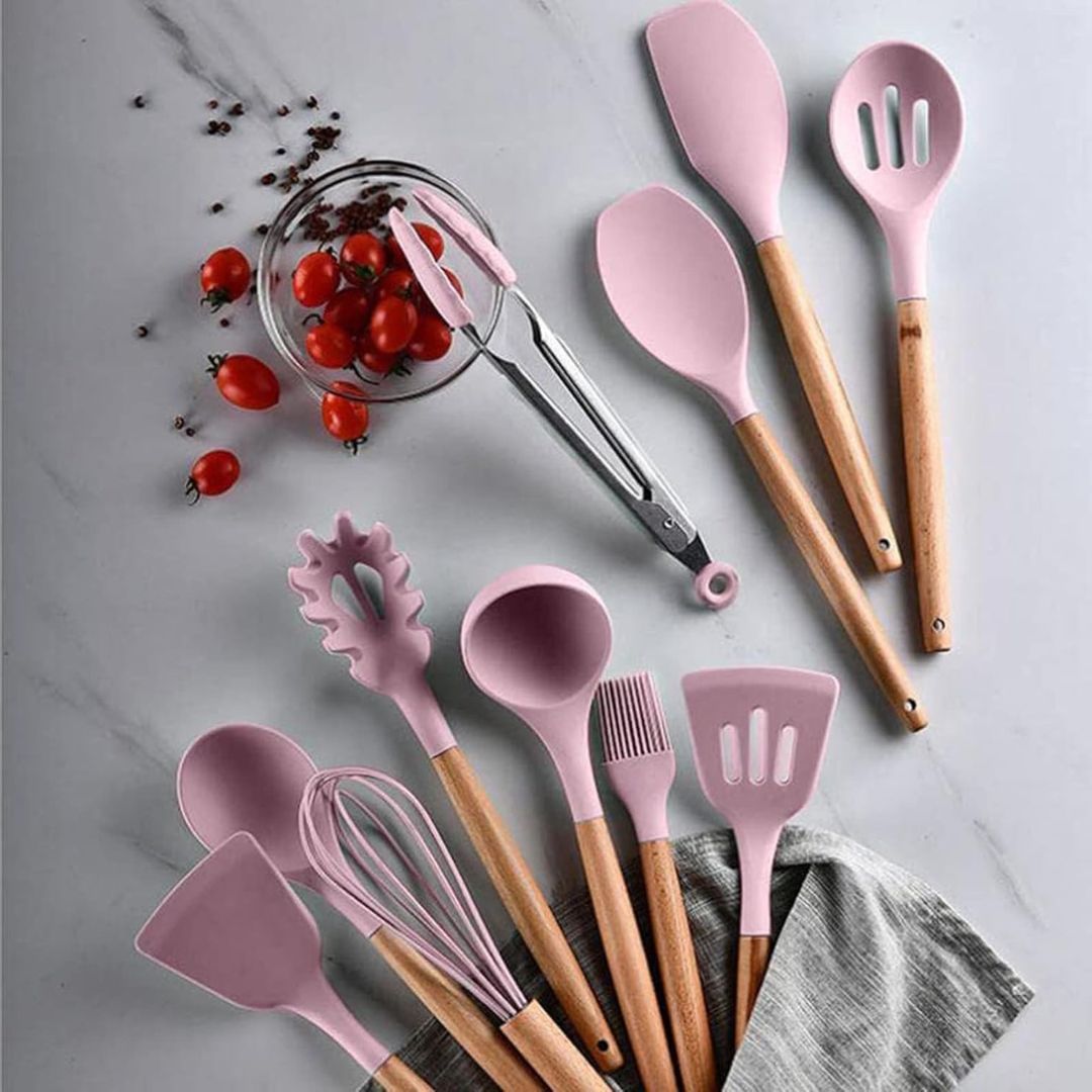Pink Kitchen Utensils - Stylish Silicone Cooking Tools Set for Cookware