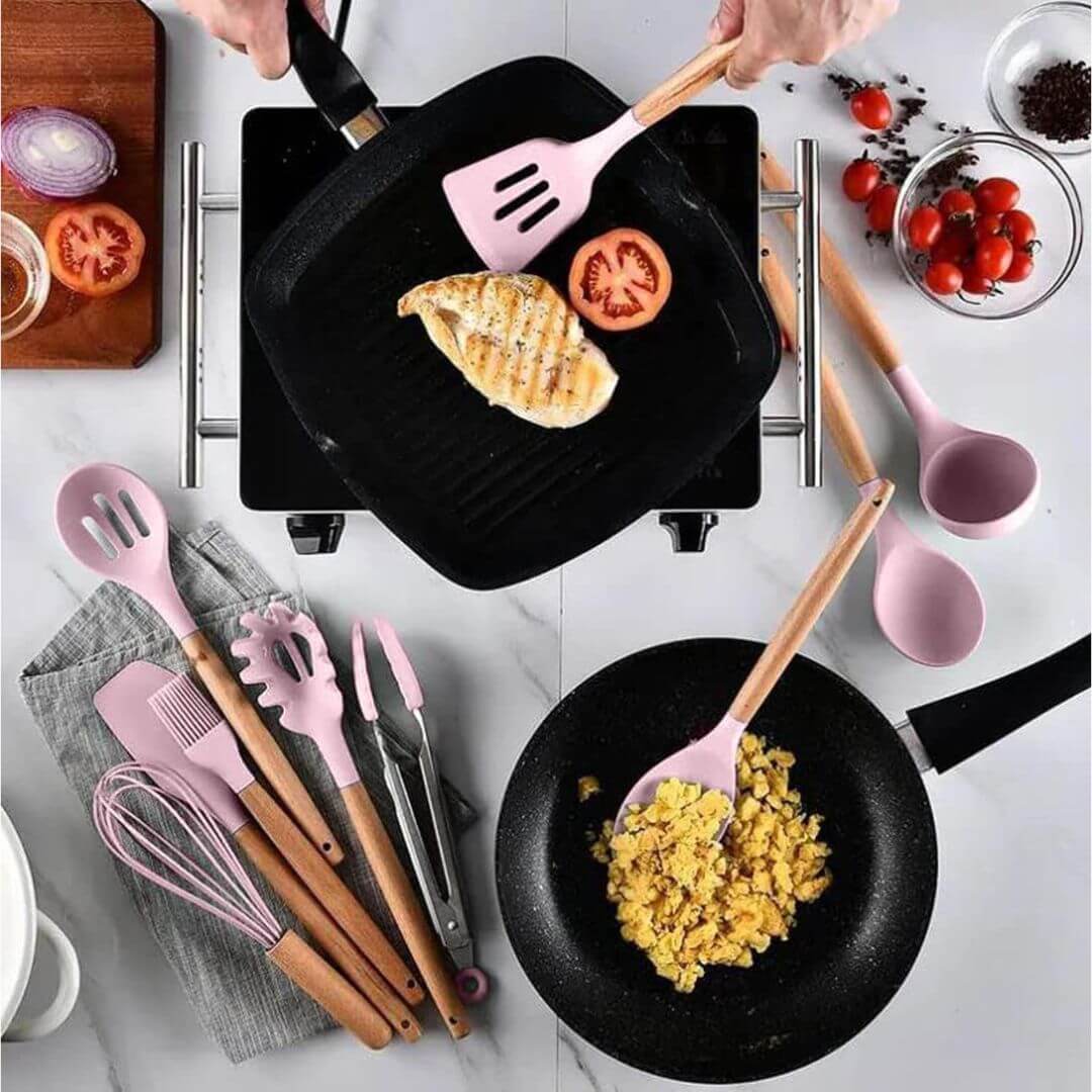 Pink Kitchen Utensils - Stylish Silicone Cooking Tools Set for Cookware
