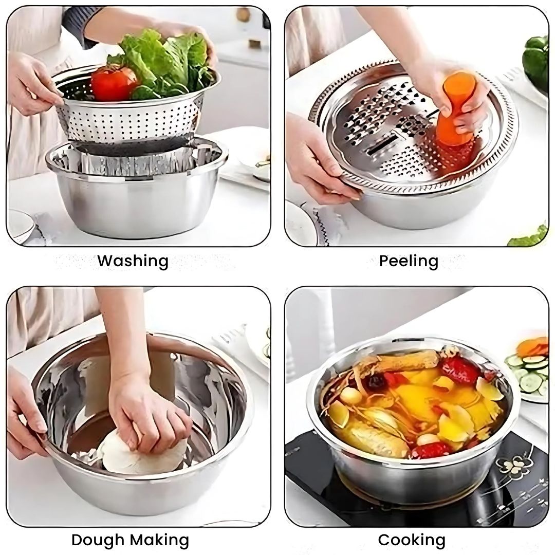 Stainless Steel Colander - 3Pcs Set with Grater, Strainer and Drain Bowl