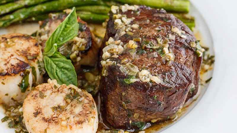Scampi-Style Steak & Scallops With Roasted Asparagus